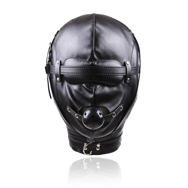 Leather Sensory Deprivation Hood with Dildo Mouth Gag BDSM Bondage Fetish Slave Hood Eye Mask Sex Toys for Women Adult Games