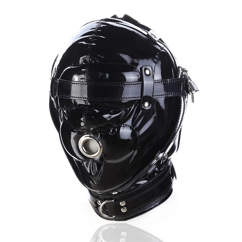 Leather Sensory Deprivation Hood with Dildo Mouth Gag BDSM Bondage Fetish Slave Hood Eye Mask Sex Toys for Women Adult Games