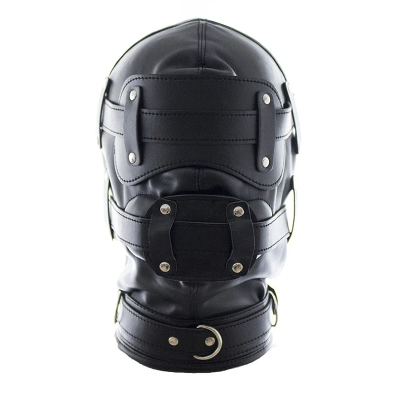 Leather Sensory Deprivation Hood with Dildo Mouth Gag BDSM Bondage Fetish Slave Hood Eye Mask Sex Toys for Women Adult Games