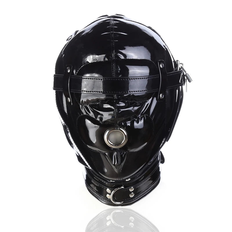 Leather Sensory Deprivation Hood with Dildo Mouth Gag BDSM Bondage Fetish Slave Hood Eye Mask Sex Toys for Women Adult Games