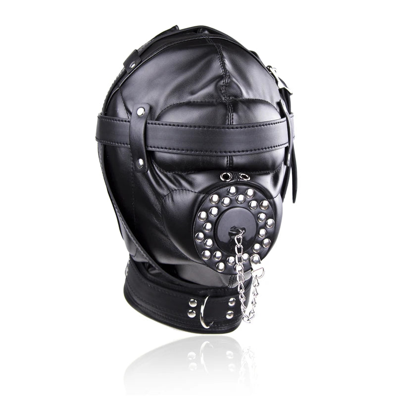 Leather Sensory Deprivation Hood with Dildo Mouth Gag BDSM Bondage Fetish Slave Hood Eye Mask Sex Toys for Women Adult Games