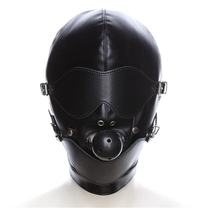 Leather Sensory Deprivation Hood with Dildo Mouth Gag BDSM Bondage Fetish Slave Hood Eye Mask Sex Toys for Women Adult Games