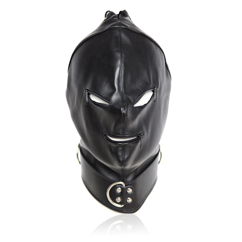 Leather Sensory Deprivation Hood with Dildo Mouth Gag BDSM Bondage Fetish Slave Hood Eye Mask Sex Toys for Women Adult Games