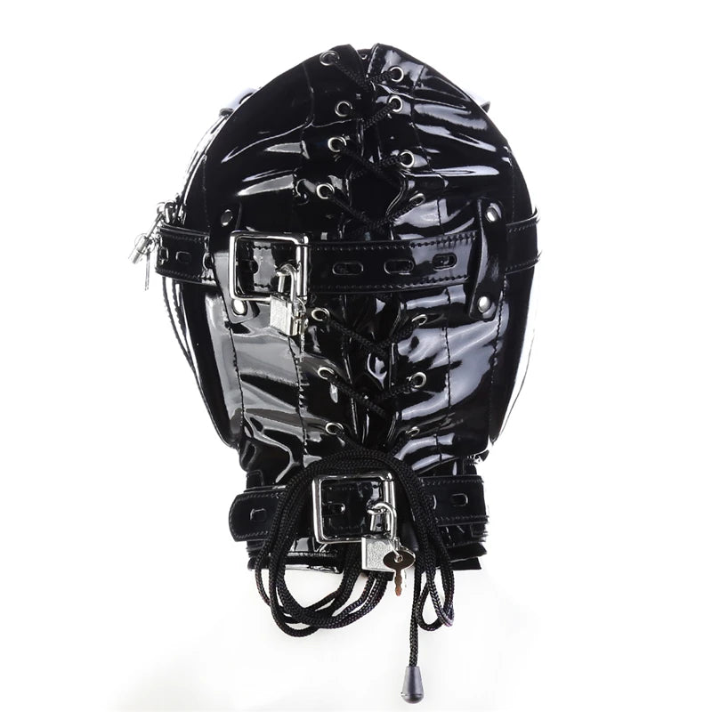 Leather Sensory Deprivation Hood with Dildo Mouth Gag BDSM Bondage Fetish Slave Hood Eye Mask Sex Toys for Women Adult Games