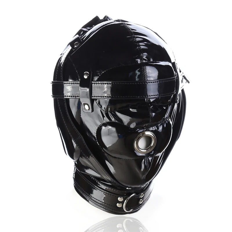 Leather Sensory Deprivation Hood with Dildo Mouth Gag BDSM Bondage Fetish Slave Hood Eye Mask Sex Toys for Women Adult Games