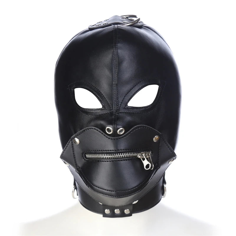 Leather Sensory Deprivation Hood with Dildo Mouth Gag BDSM Bondage Fetish Slave Hood Eye Mask Sex Toys for Women Adult Games