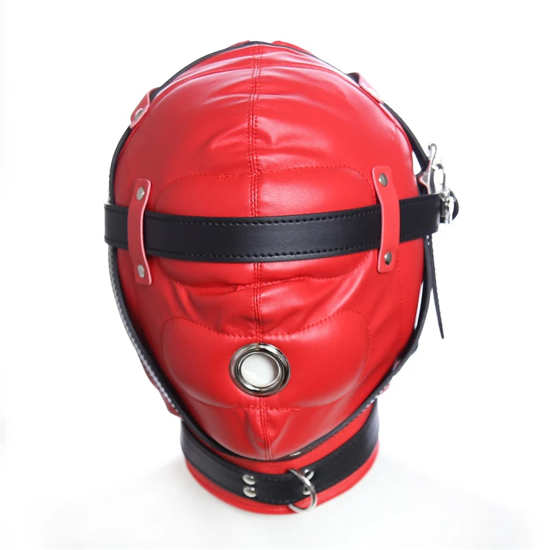 Leather Sensory Deprivation Hood with Dildo Mouth Gag BDSM Bondage Fetish Slave Hood Eye Mask Sex Toys for Women Adult Games