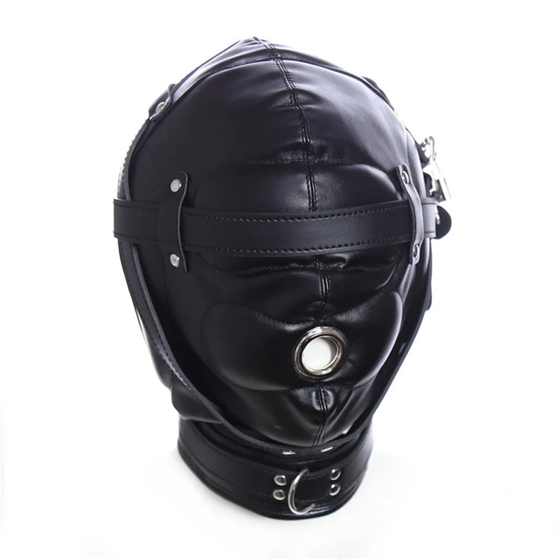 Leather Sensory Deprivation Hood with Dildo Mouth Gag BDSM Bondage Fetish Slave Hood Eye Mask Sex Toys for Women Adult Games